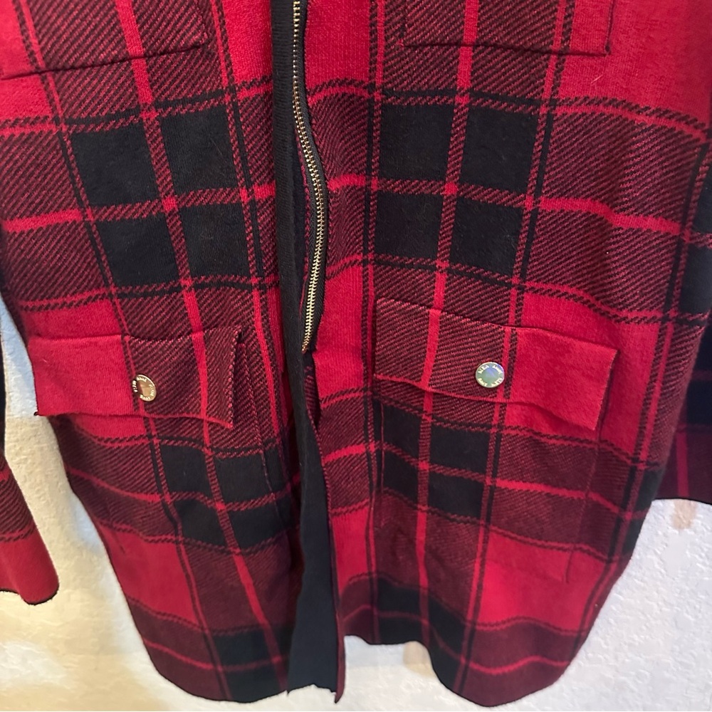 Anne Klein Medium Red & Black Buffalo Check Plaid Open Front Utility Winter Coat - Picture 4 of 8